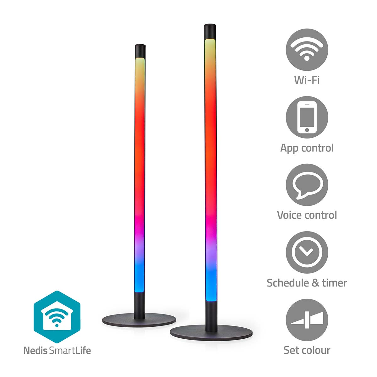 Zwei farbige Lampen mit WLAN- und App-Steuerungssymbol daneben. Weißer Hintergrund.