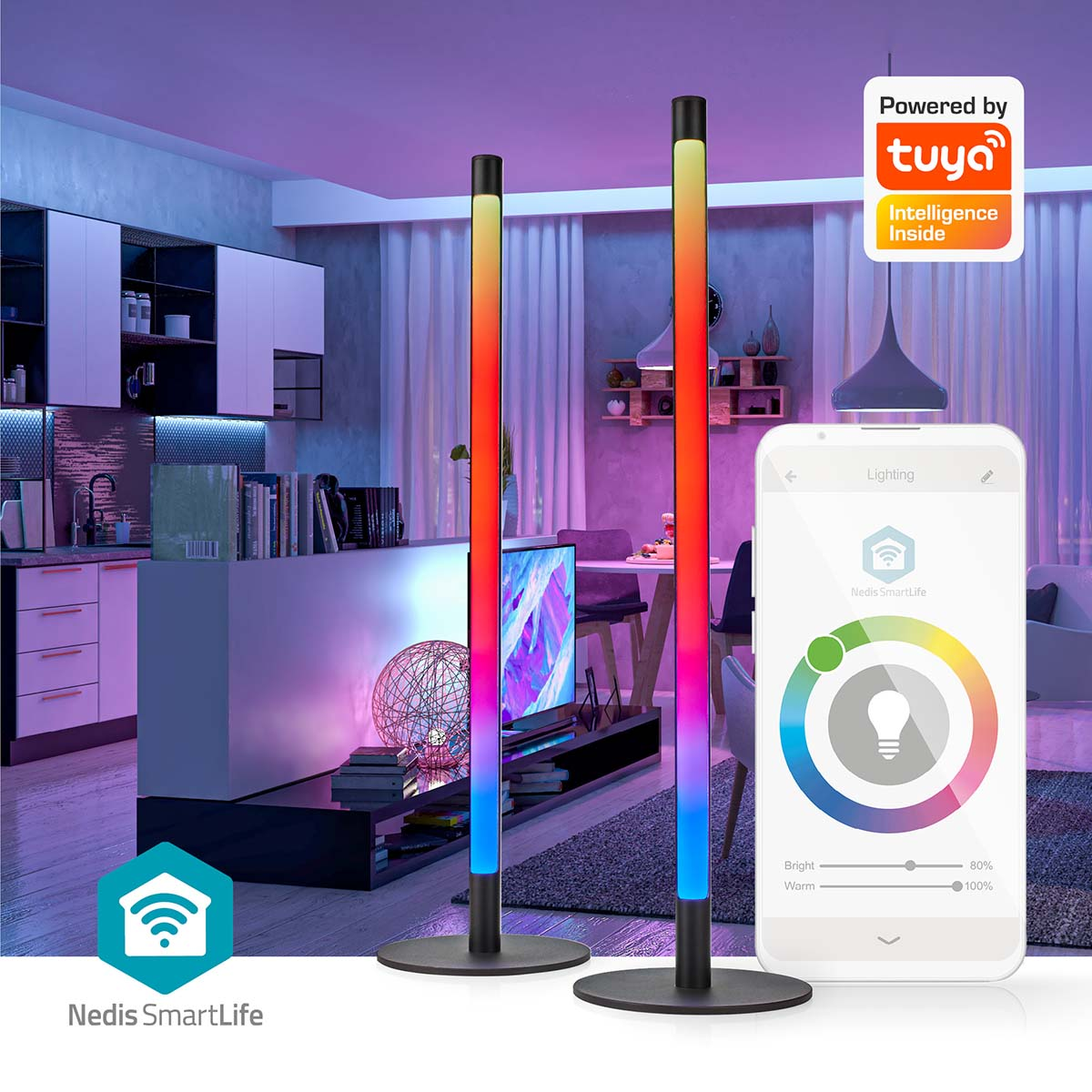Zwei farbige intelligente LED-Leuchten neben einem Telefon, das eine App-Oberfläche anzeigt.