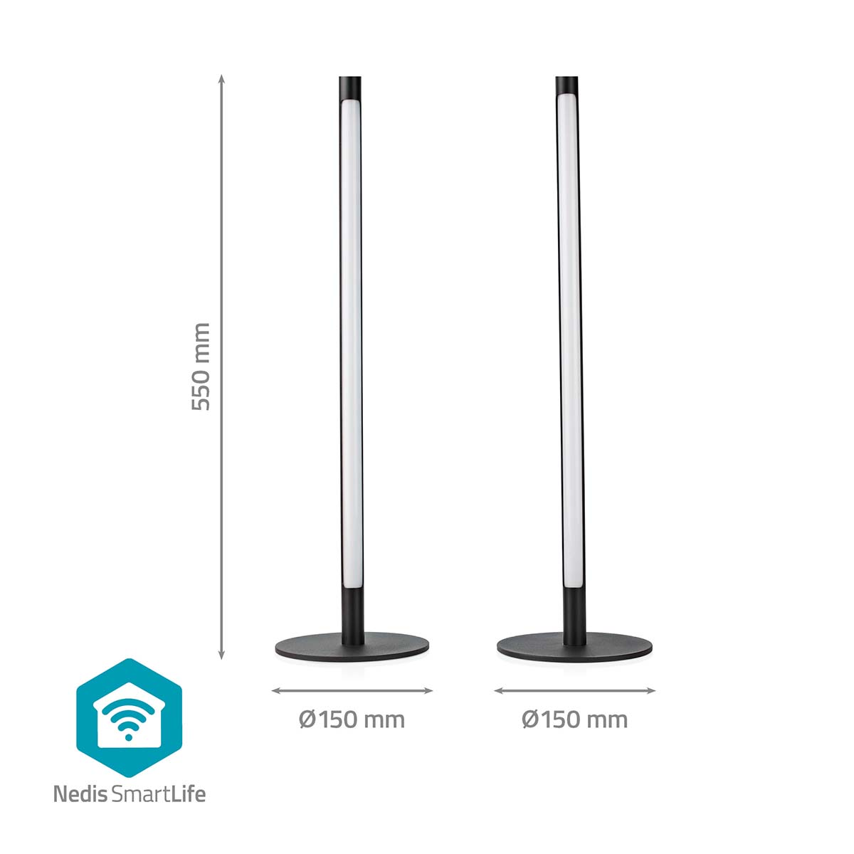Zwei schwarz-weiße LED-Lampen nebeneinander, mit Maßangaben.