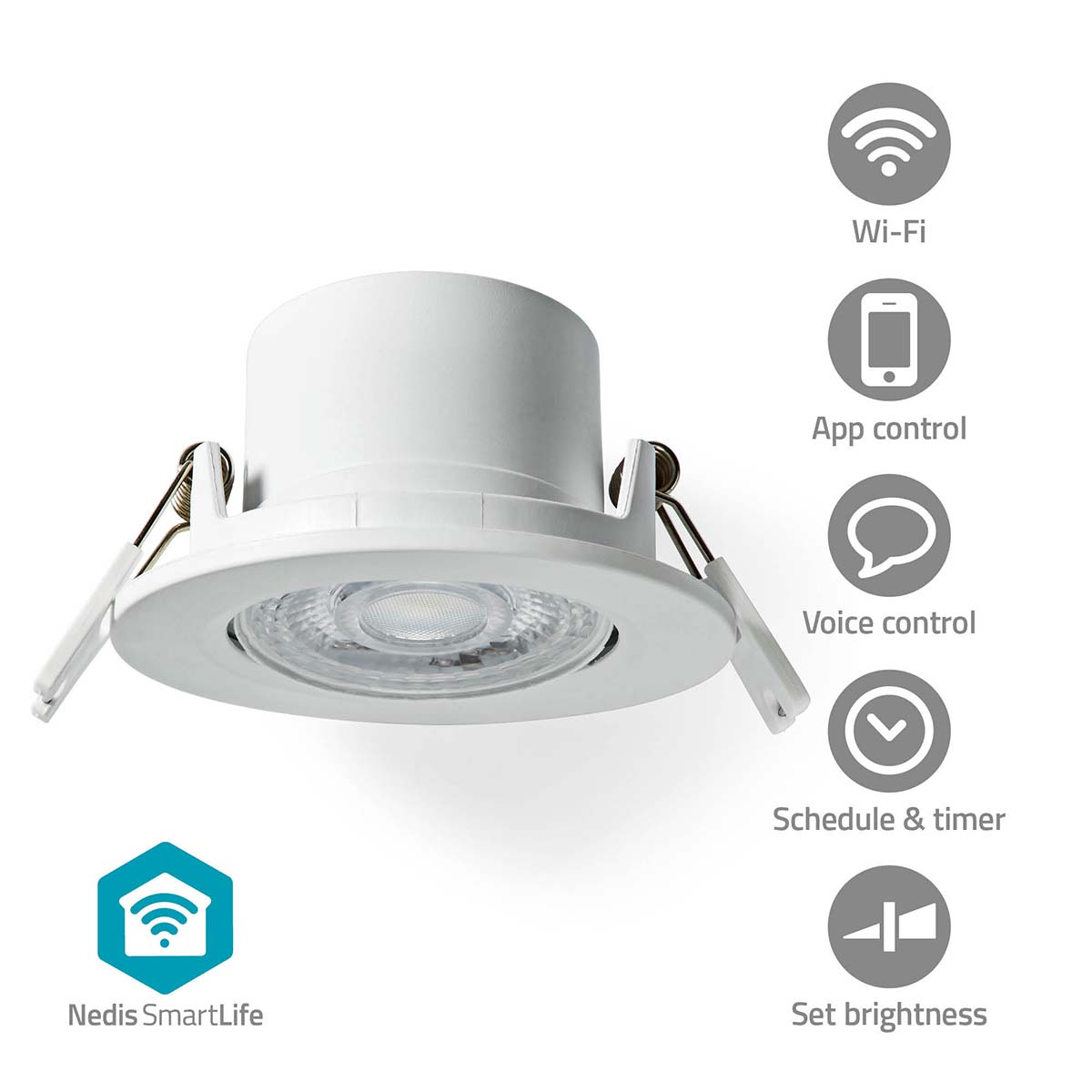Foco empotrado blanco con Wi-Fi y control de app, iconos alrededor.