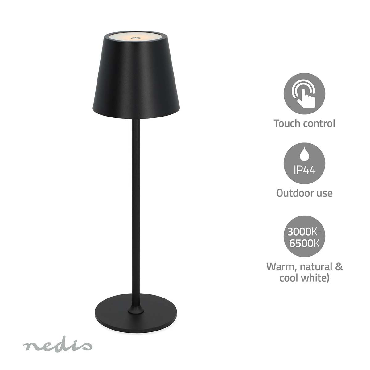 Lampe de table noire avec abat-jour noir, sur socle circulaire noir. Icônes de contrôle tactile.