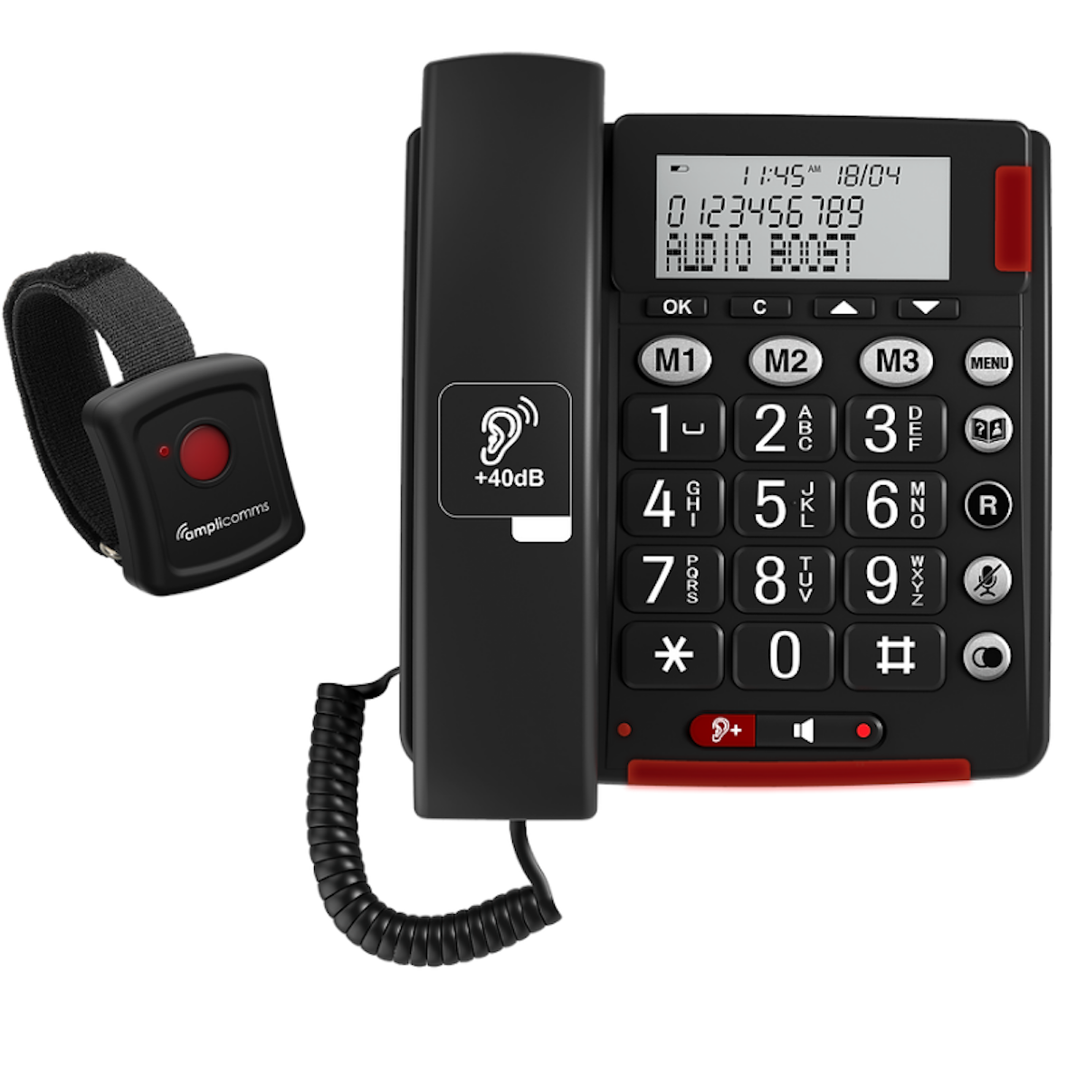 Zwarte versterkte telefoon met pols-afstandsbediening. Grote knoppen en een display.