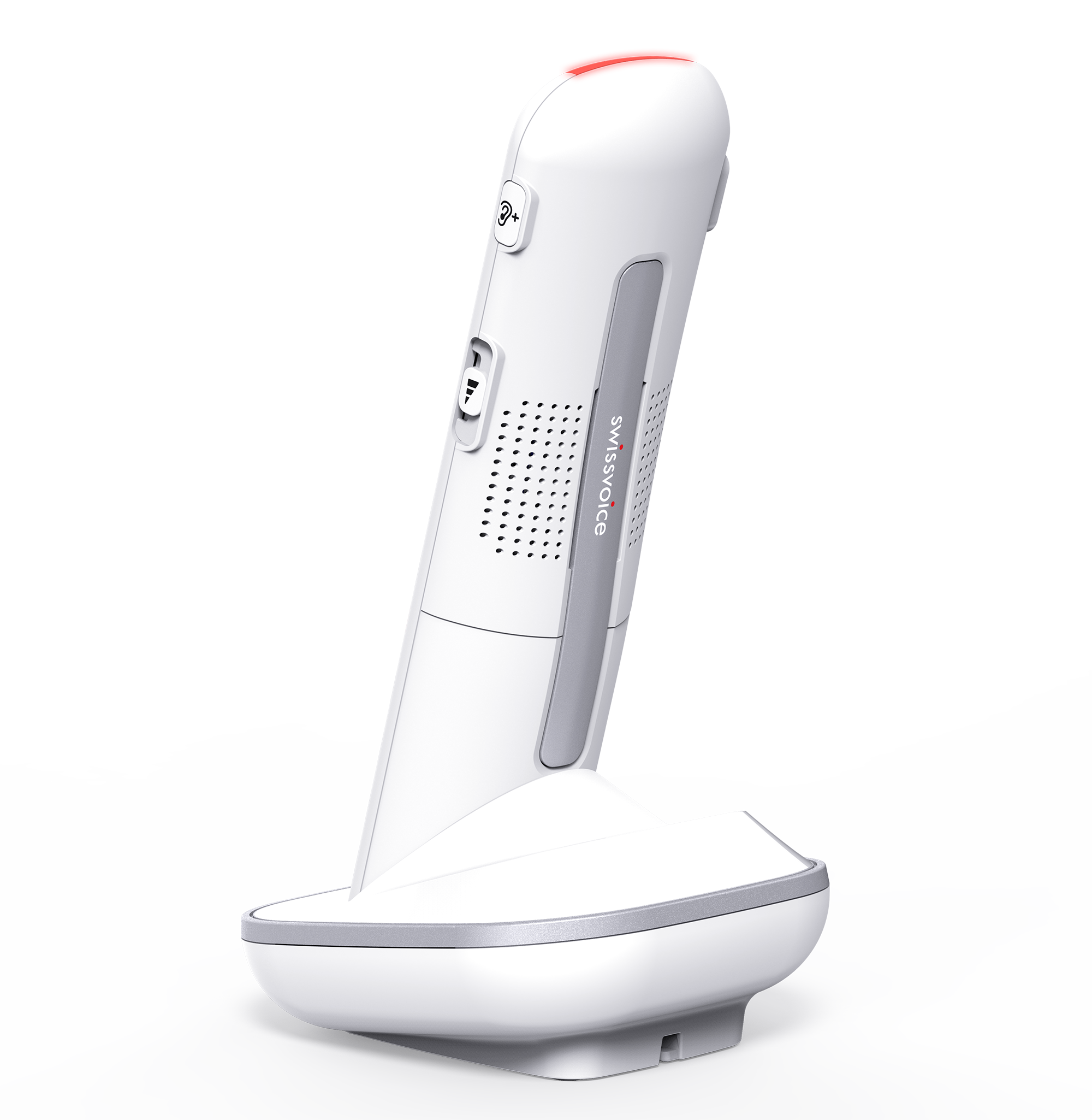 Scanner portable blanc et gris sur sa station de charge. Swissvoice est écrit sur le côté.