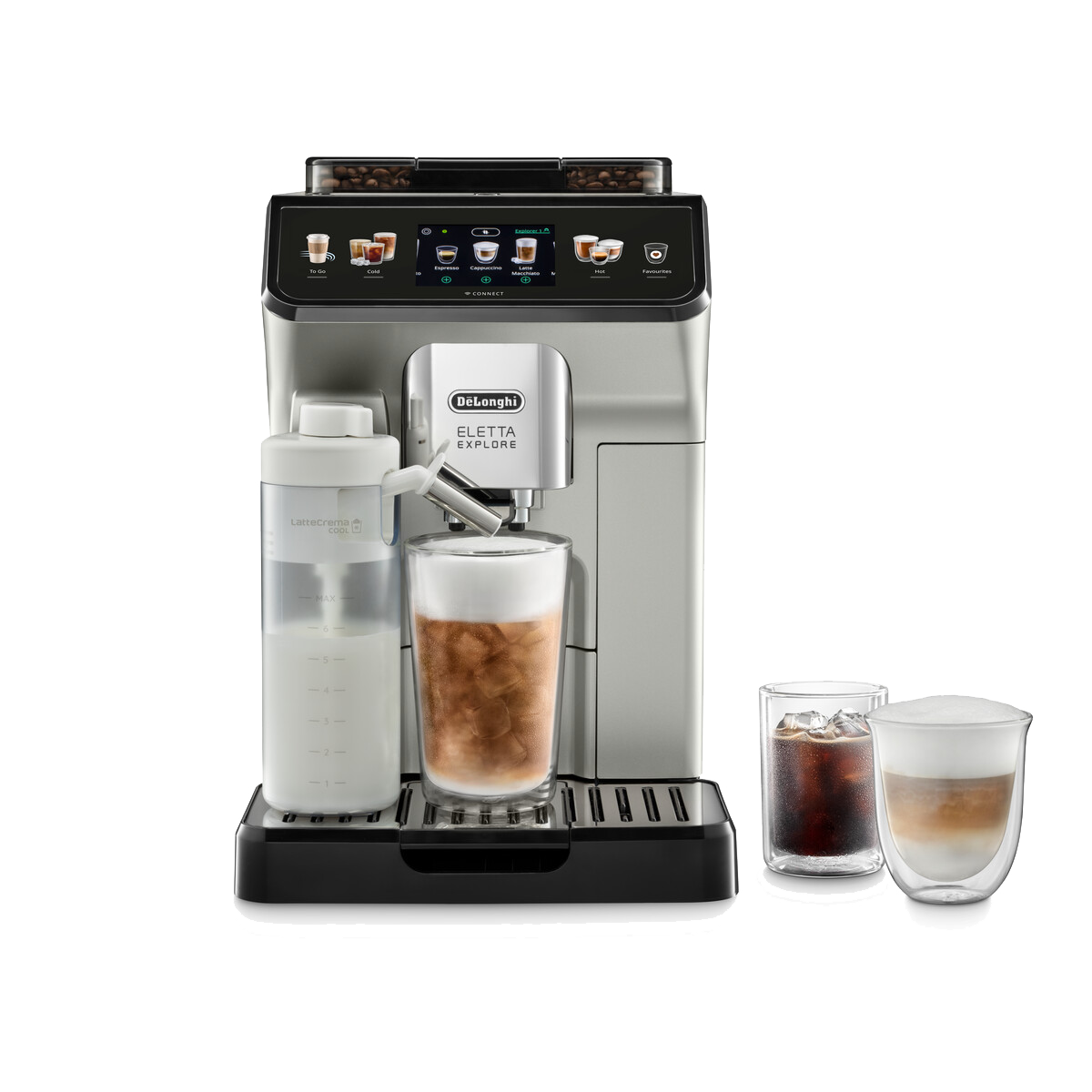 Macchina da caffè De'Longhi Eletta Explore argentata con contenitore del latte e bicchieri.