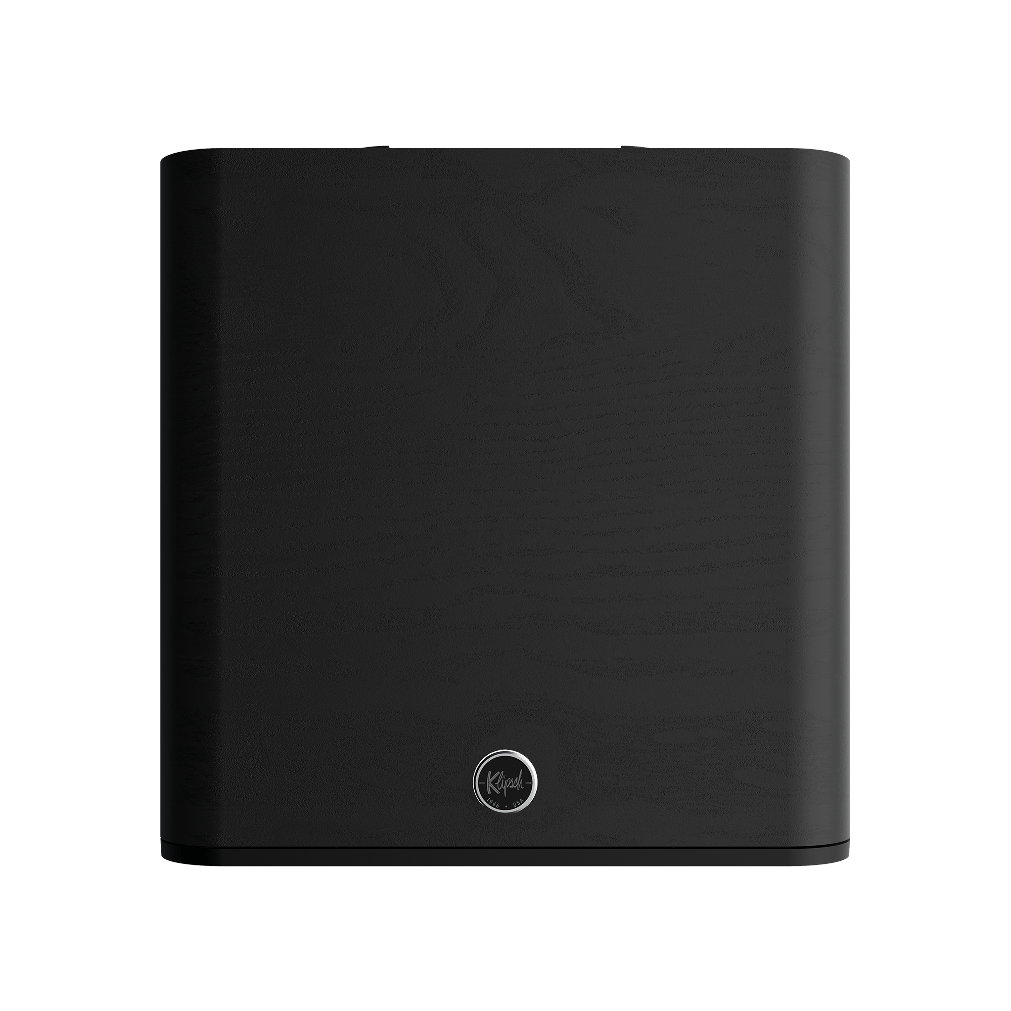 Subwoofer nero su sfondo nero. Logo Klipsch visibile.