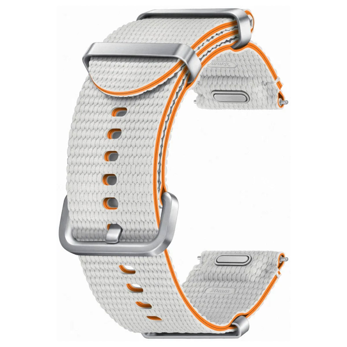 Una correa de reloj blanca y naranja con una hebilla plateada. La correa tiene una apariencia de tela texturizada.