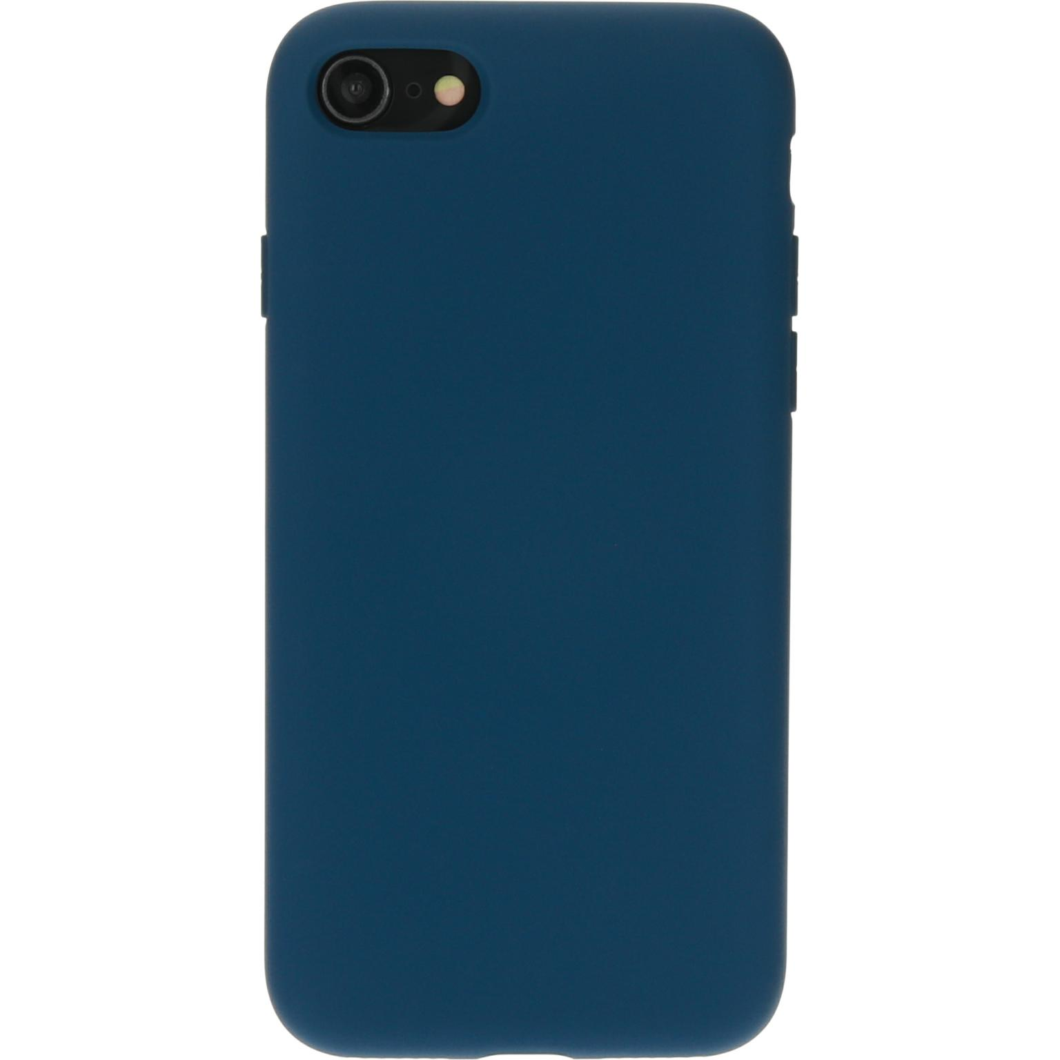 Blauwe telefoonhoes met cameralens en flitser. De hoes is glad en bedekt de telefoon.