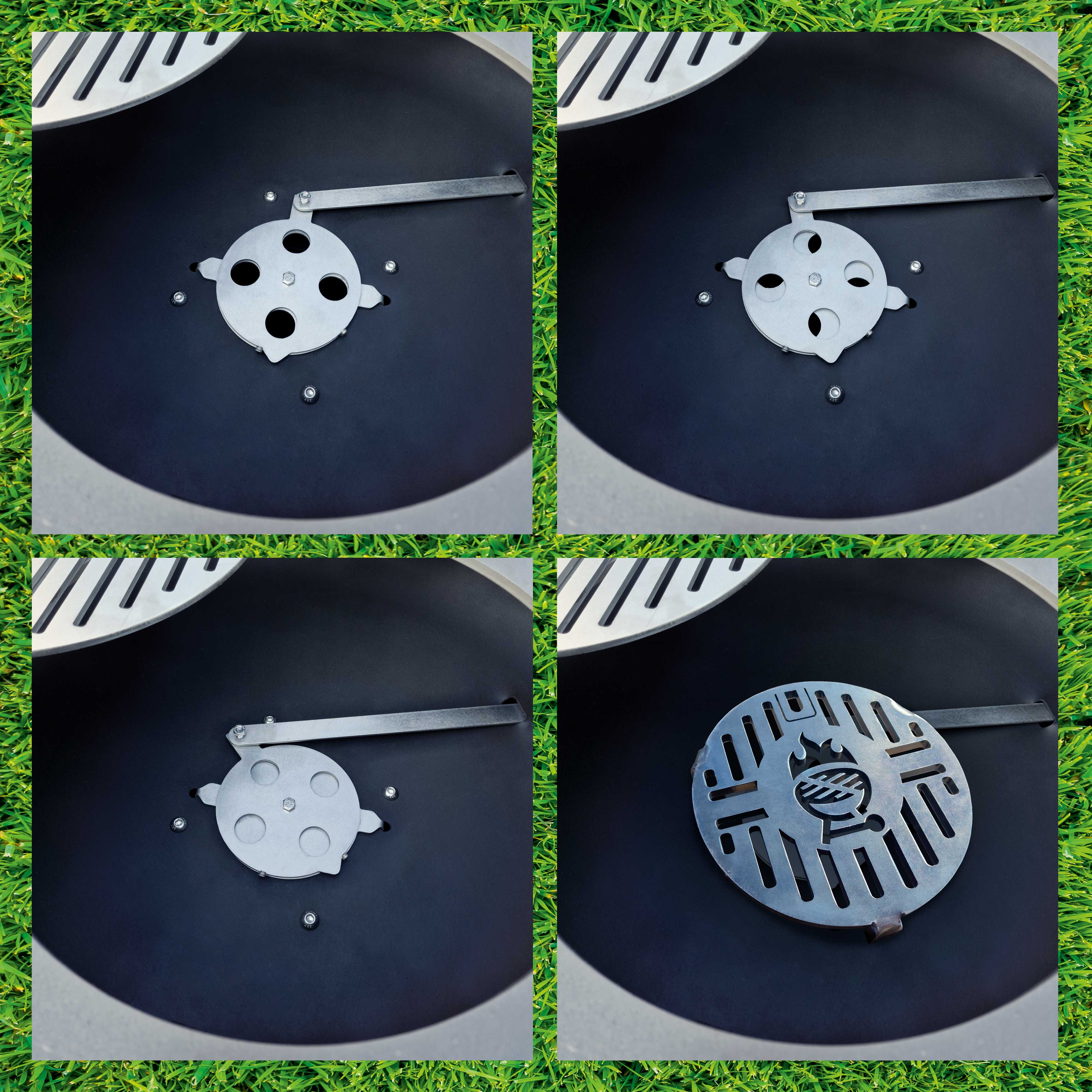 Vier Bilder zeigen einen Metallgrill in verschiedenen Konfigurationen auf Gras.