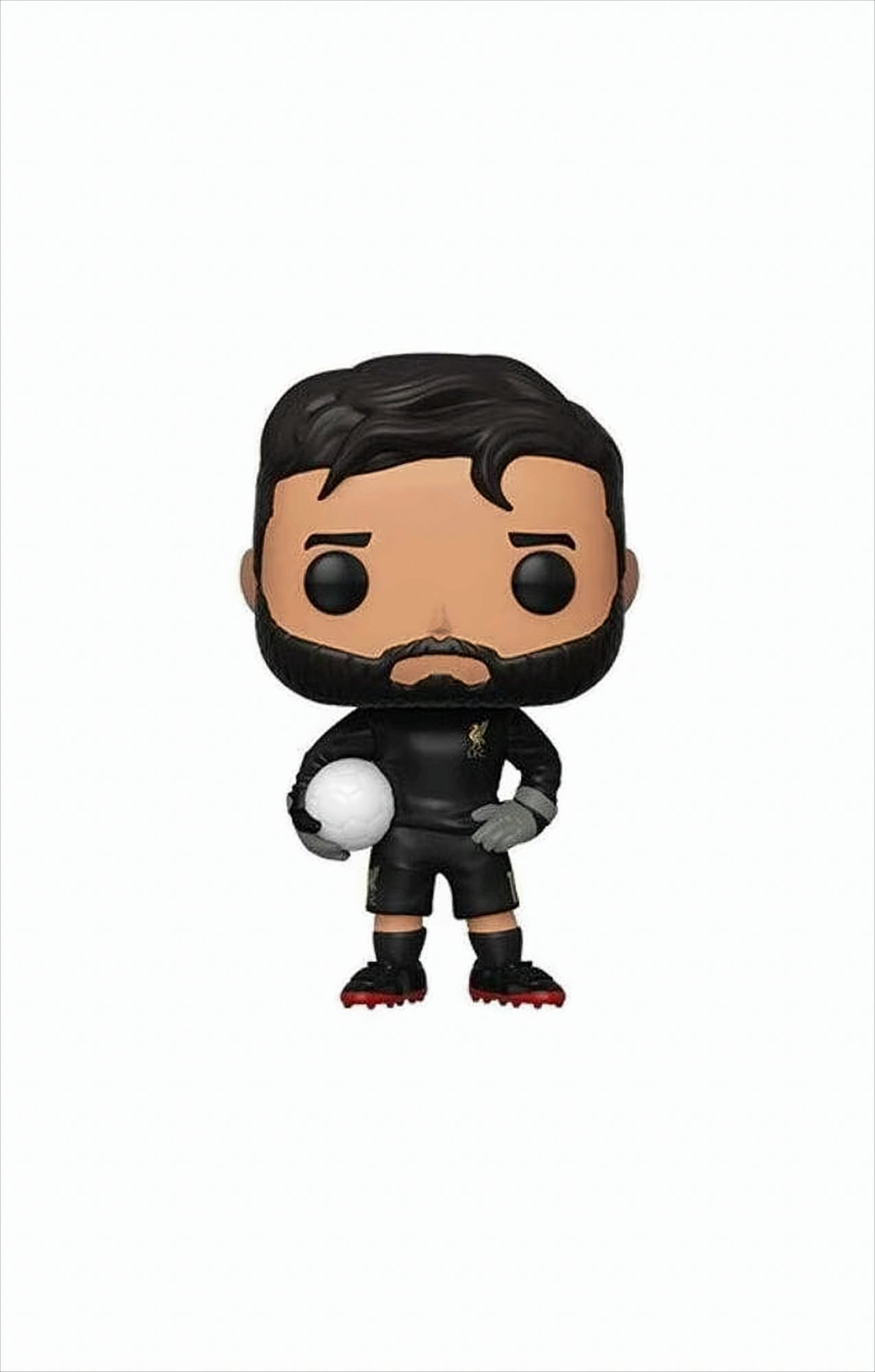 Eine Funko Pop Figur eines Fußballtorwarts mit schwarzer Uniform, der einen Ball hält, auf weißem Grund.