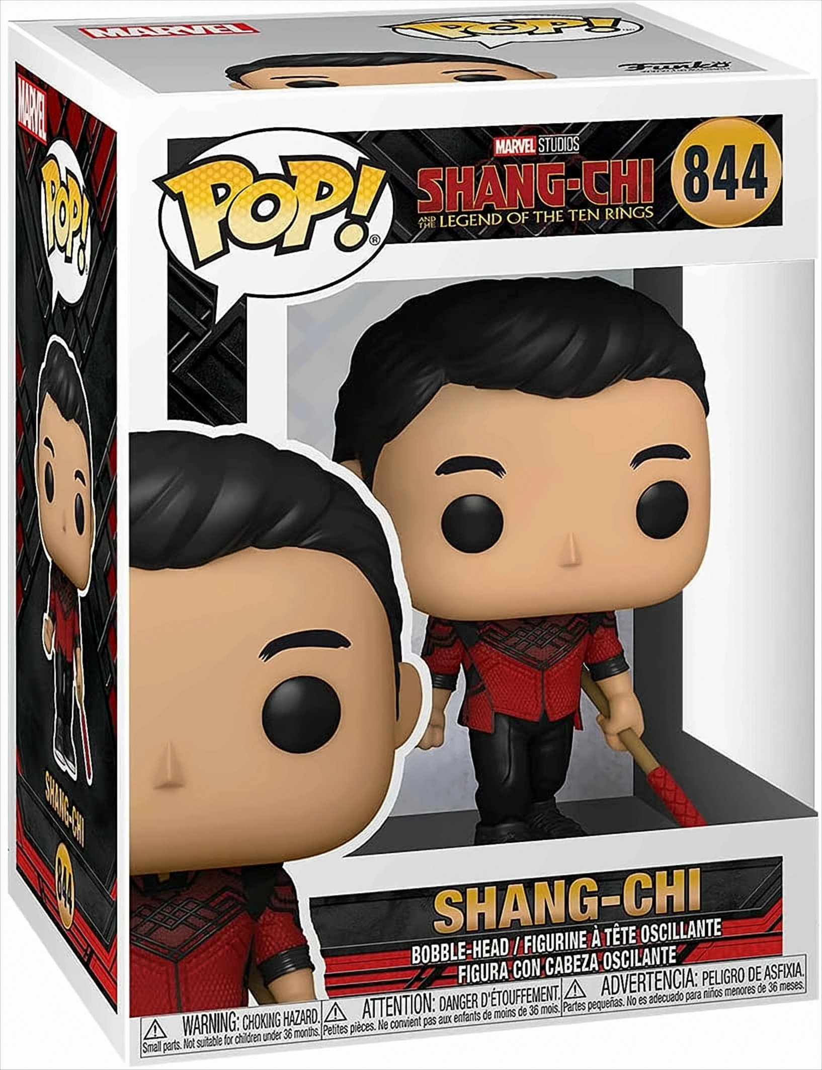 Shang-Chi Funko Pop-Box mit sichtbarer Figur. Die Figur trägt einen rot-schwarzen Anzug.