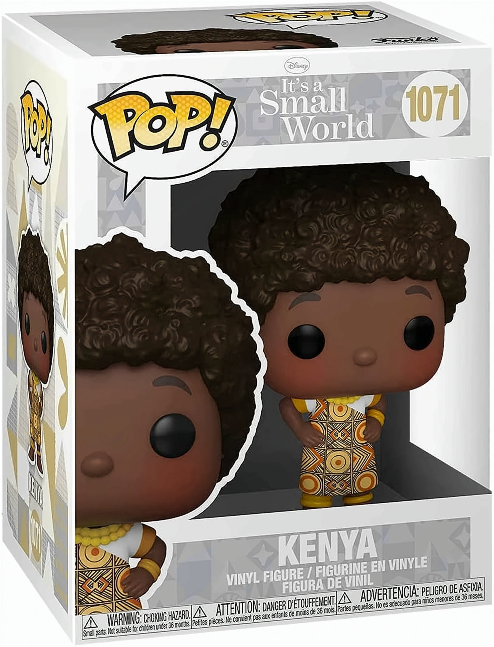 Funko Pop figuur van Kenya uit 'It's a Small World', in een doos.