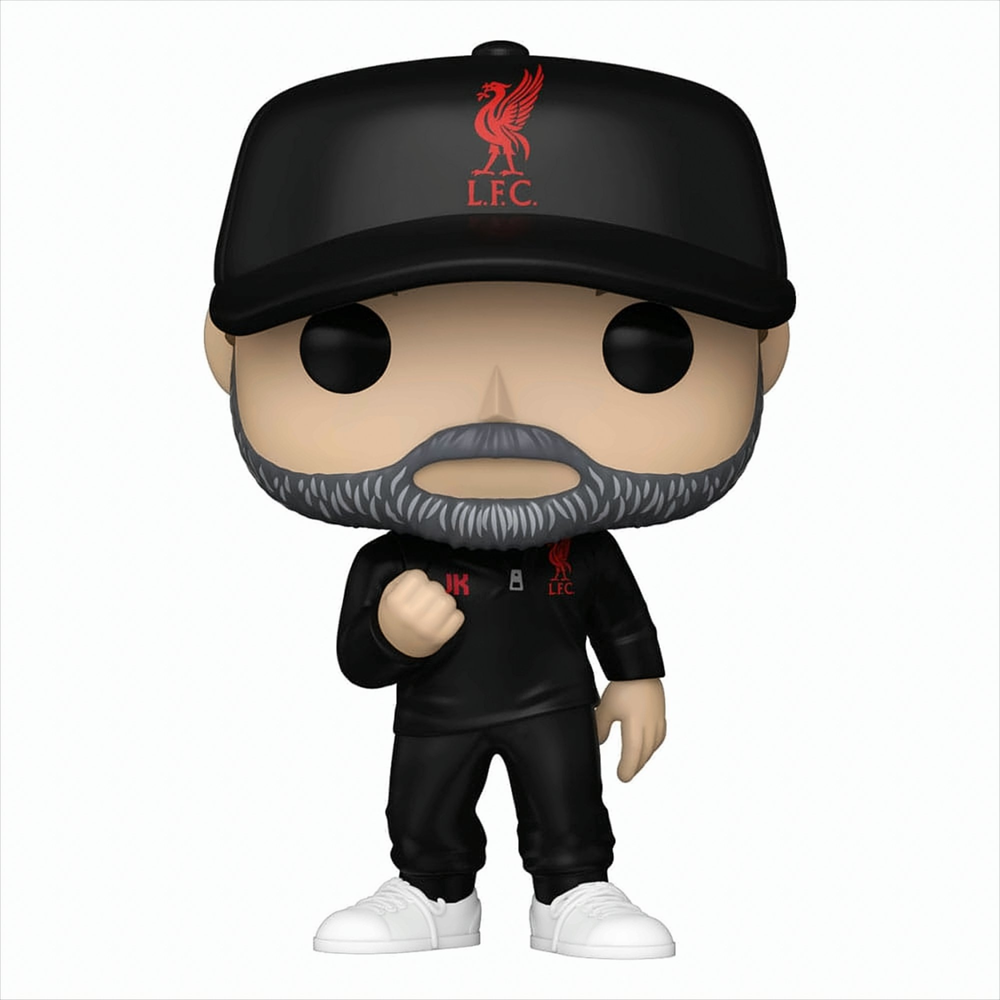 Funko Pop Figur von Jürgen Klopp in Liverpool FC-Kleidung, mit Mütze, auf weißem Hintergrund.