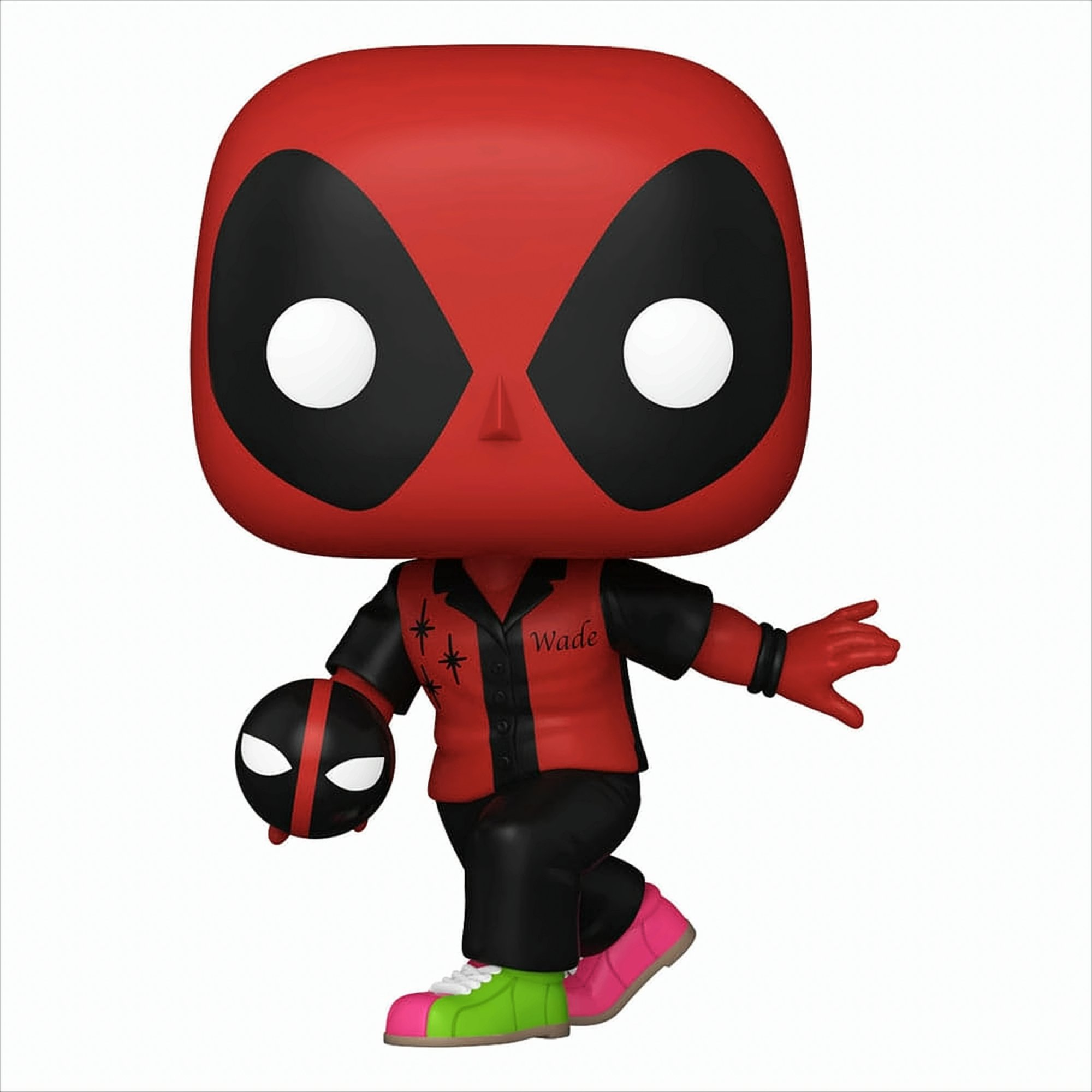 Una statuetta di Deadpool in tenuta da bowling, con una palla da bowling e una replica della testa.