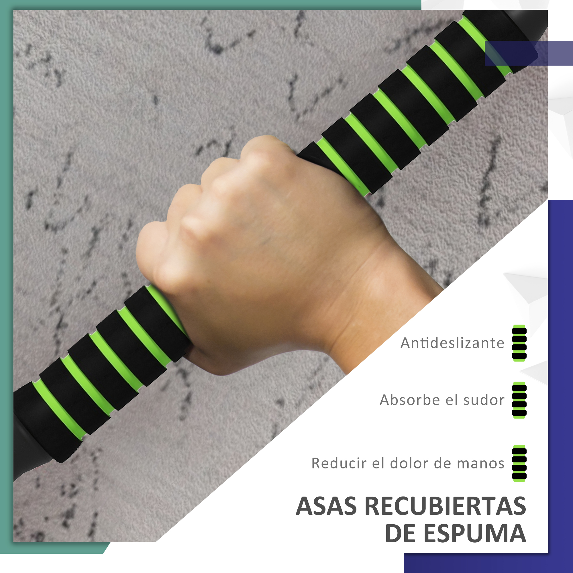 Mano sosteniendo un mango de espuma negro y verde. Texto: Antideslizante, absorbe el sudor y reduce el dolor de manos.