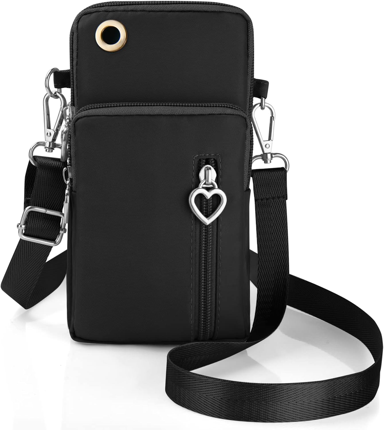 Schwarze Umhängetasche mit herzförmigem Reißverschlussanhänger. Tasche hat langen Riemen.