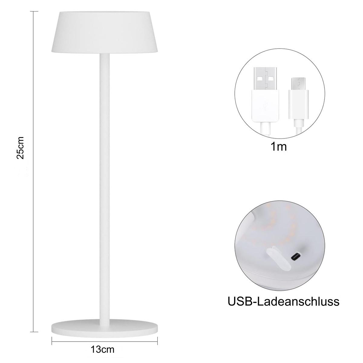 Eine weiße Tischlampe mit zylindrischem Fuß und Lampenschirm. Ein USB-Kabel und Details sind abgebildet.
