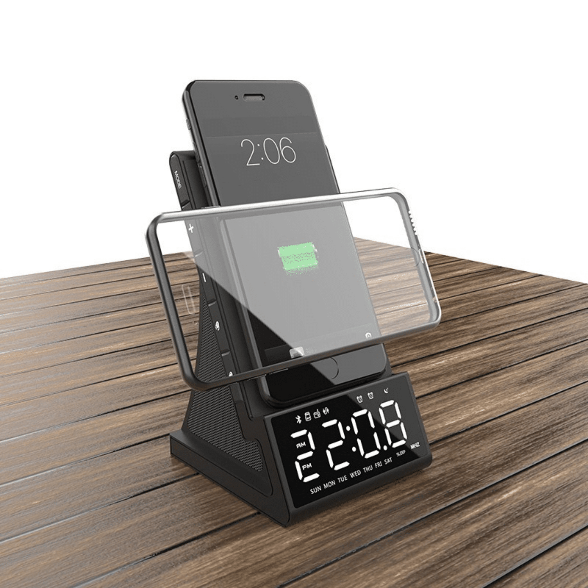 Ein Telefon auf einem kabellosen Ladegerät, ein weiteres Telefon obenauf. Eine Uhr wird angezeigt.