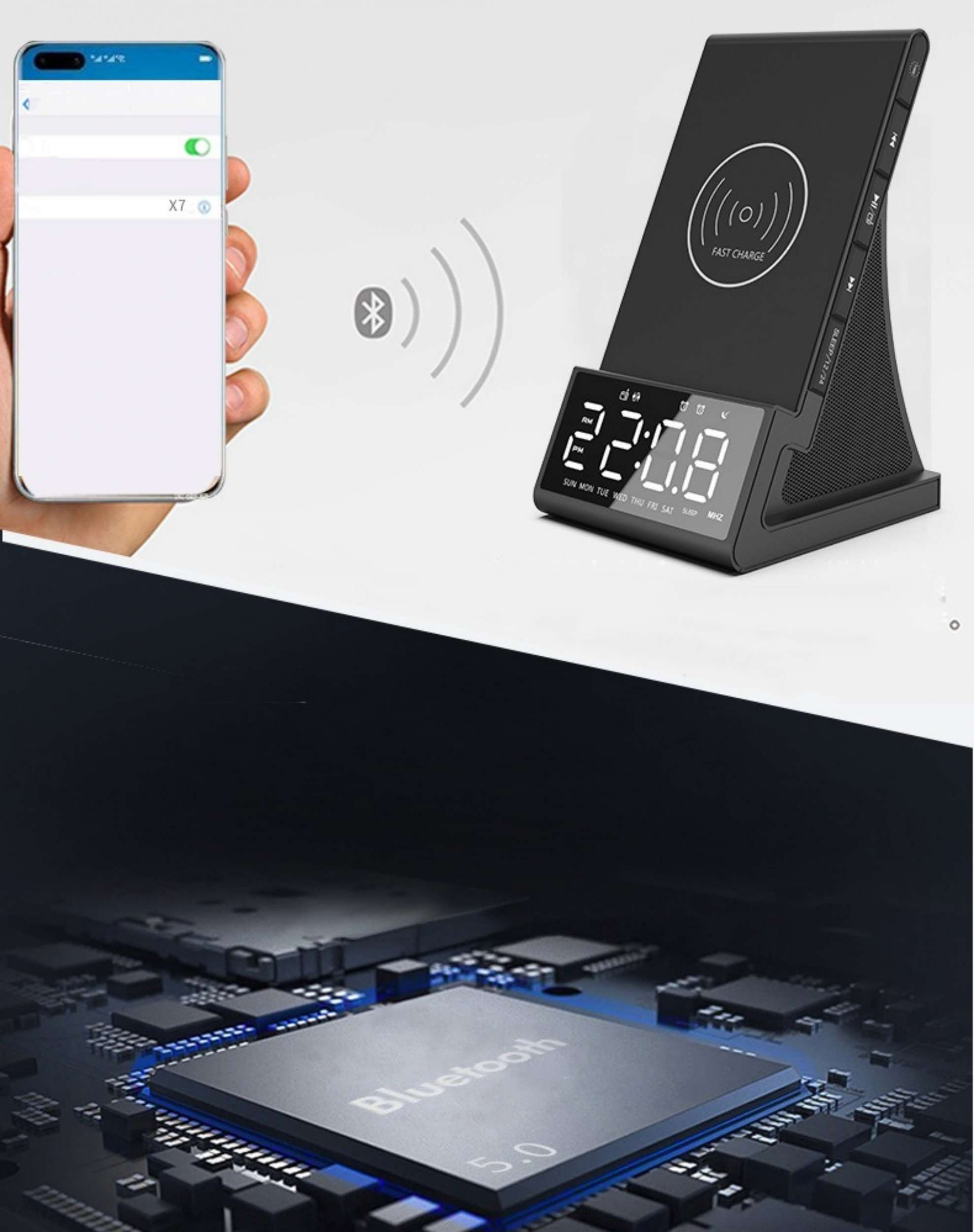 Ein schwarzer digitaler Wecker mit kabellosem Ladepad. Ein Telefon zeigt Einstellungen an.