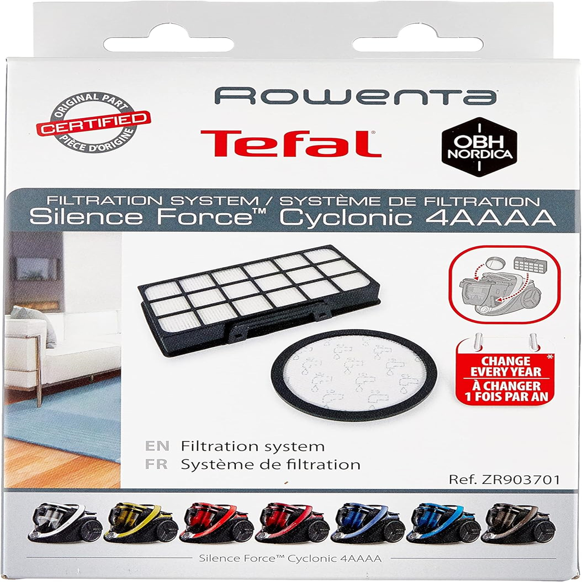 Karton mit Rowenta Tefal Staubsaugerfilterteilen. Enthält Filter und Text, Jedes Jahr wechseln.