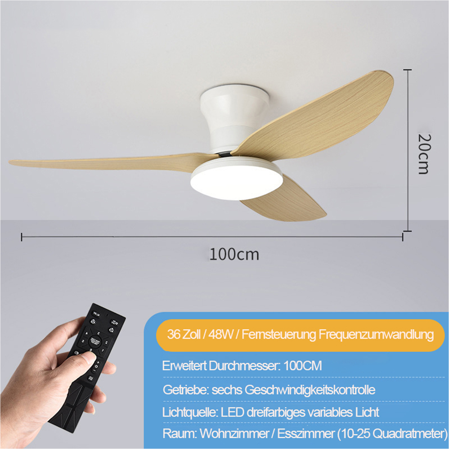 Weißer und Holz-Deckenventilator mit drei Flügeln, mit Abmessungen und Textbeschreibung unten.