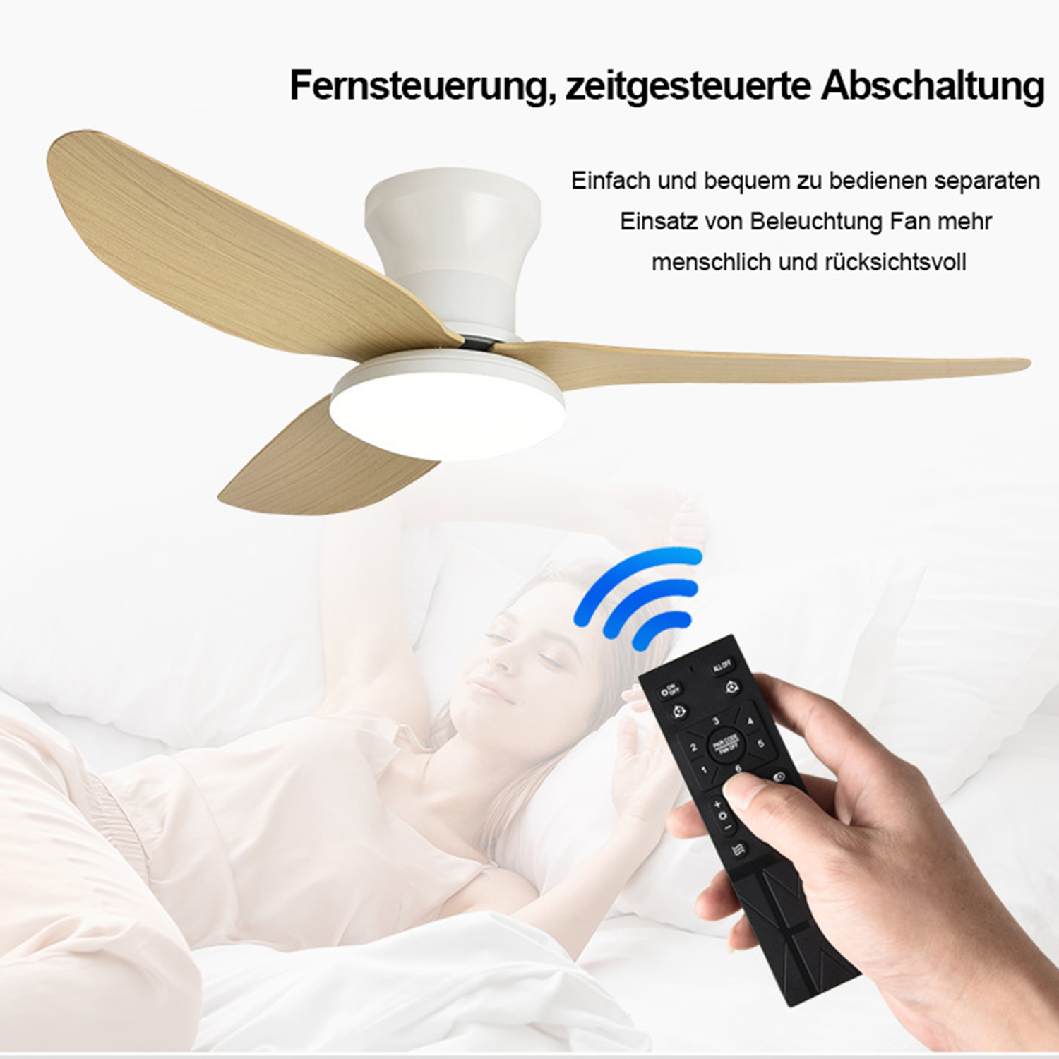 Ein Deckenventilator mit Holzflügeln, Fernbedienung und eine Person im Bett.