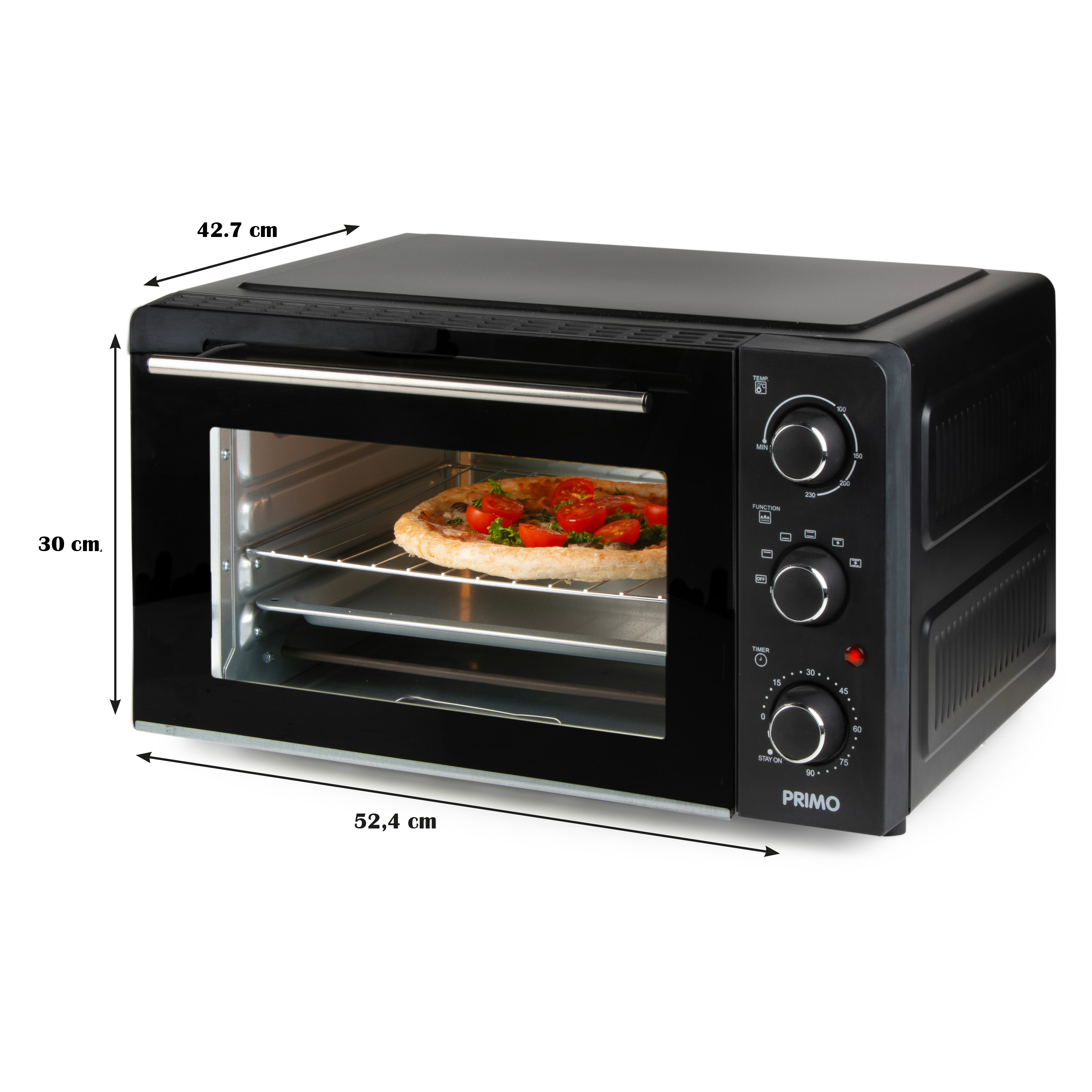 Black oven with pizza inside. Dimensions are shown with arrows. Knobs for temperature and settings are visible.