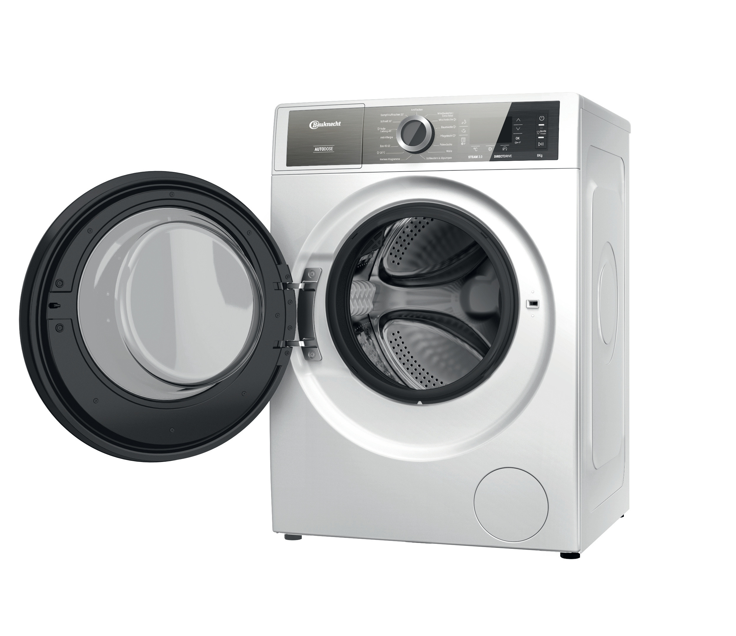 Eine weiße Waschmaschine mit geöffneter Tür.