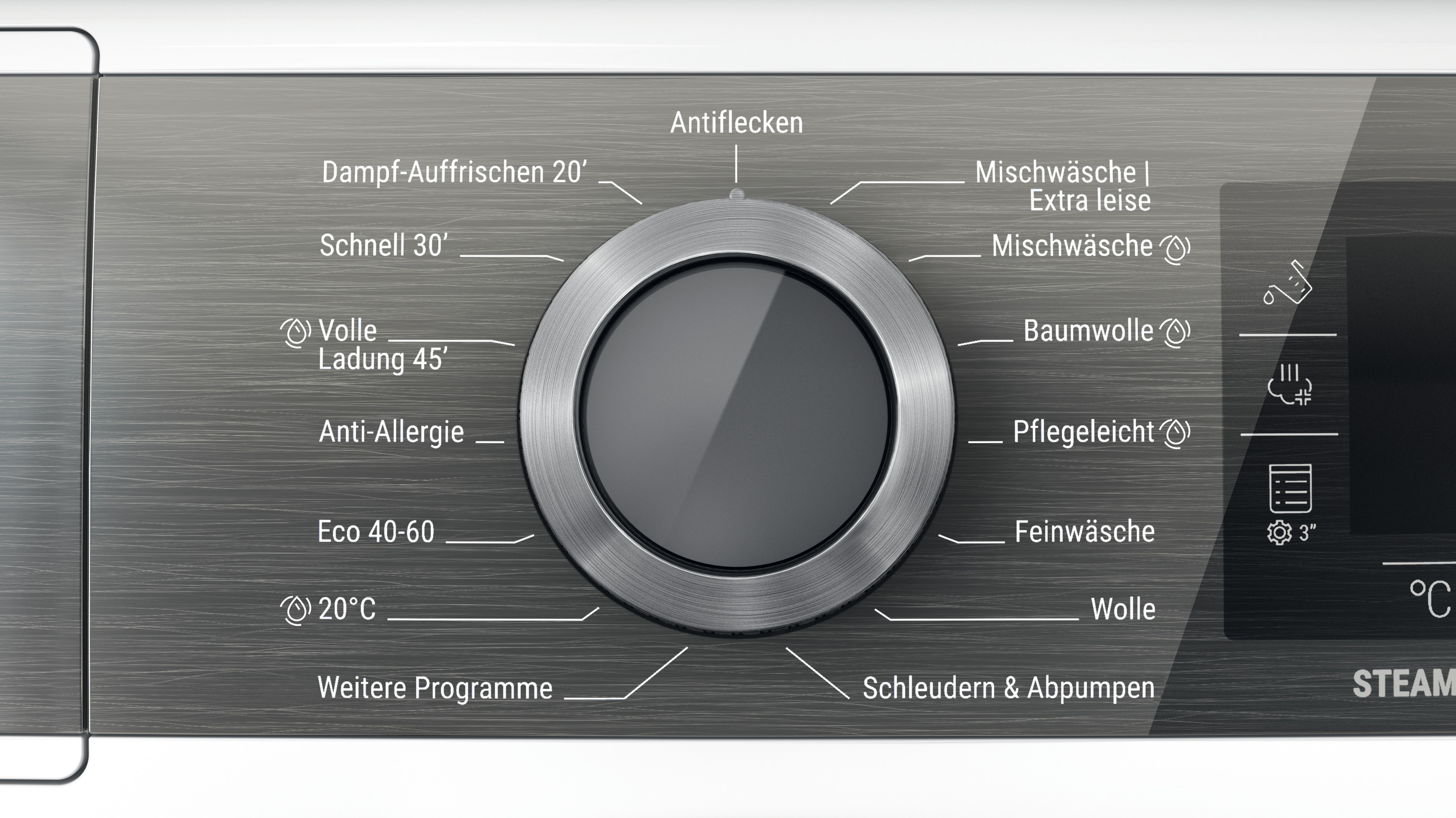 Waschmaschinen-Bedienfeld mit Drehregler und verschiedenen Programmen.