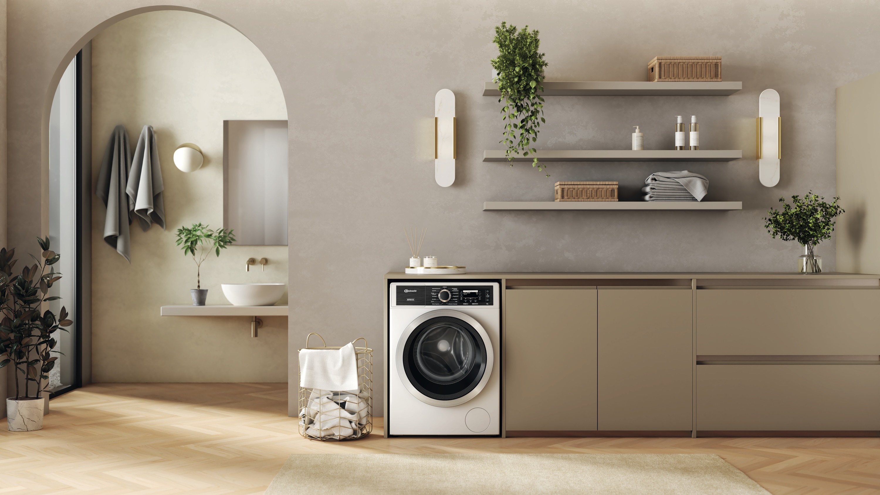 Ein modernes Badezimmer mit Waschmaschine, Regalen und Dekorationsartikeln.