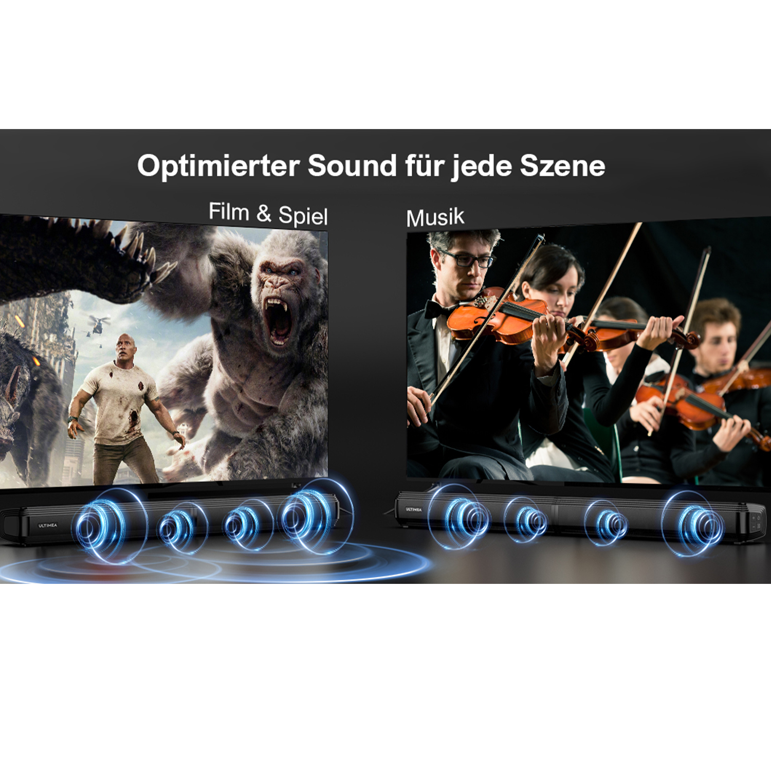Soundbars mit Szenen aus Film & Musik. Blaue Schallwellen gehen von den Bars aus.