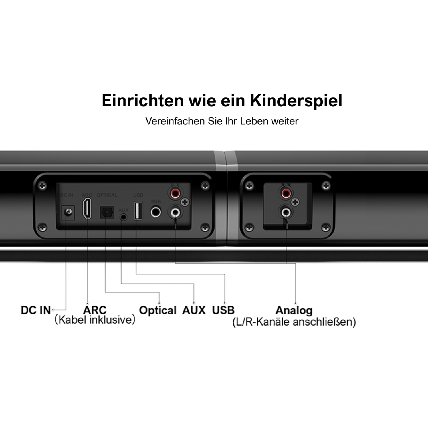 Soundbar z portami połączeniowymi. Porty to DC IN, ARC, Optical, AUX, USB i Analog (L/P).
