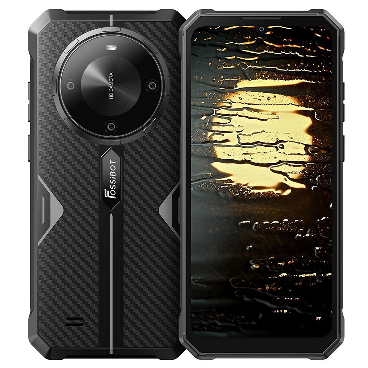Un telefono nero con una fotocamera e una custodia. Il telefono è nella custodia.