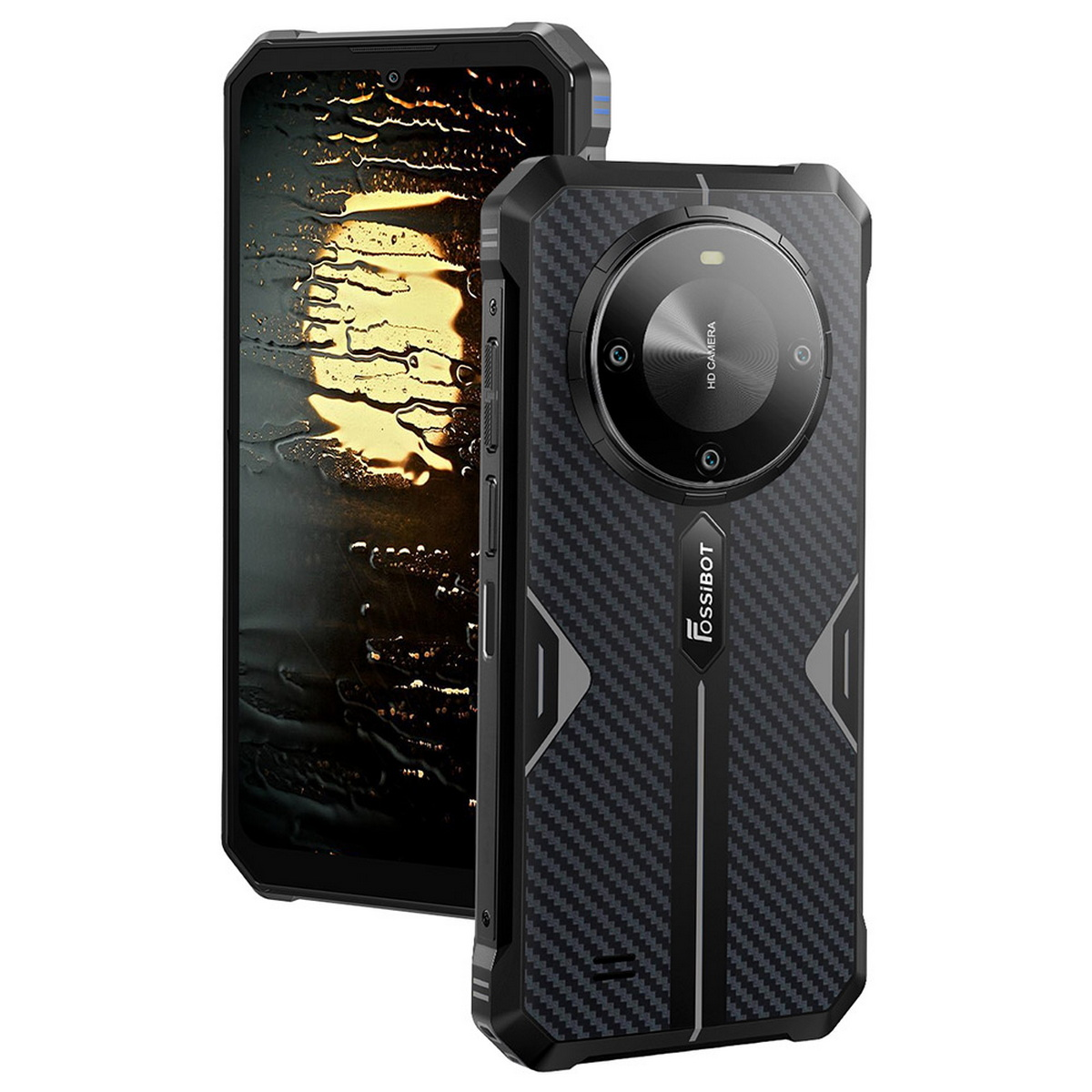 Smartphone nero robusto con doppia fotocamera. Il retro ha una trama in fibra di carbonio. Lo schermo mostra un'interfaccia.