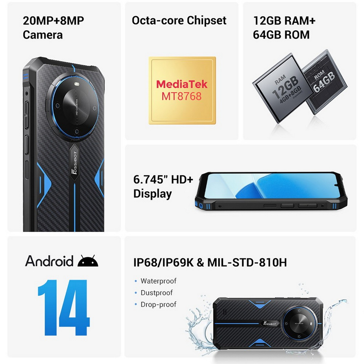 Smartphone con fotocamera 20MP+8MP, chipset Octa-core, 12GB RAM, 64GB ROM, display HD 6.745", Android 14.