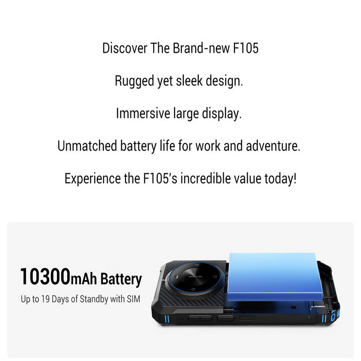 Testo e immagine di un telefono con una batteria da 10300mAh. Sfondo bianco.