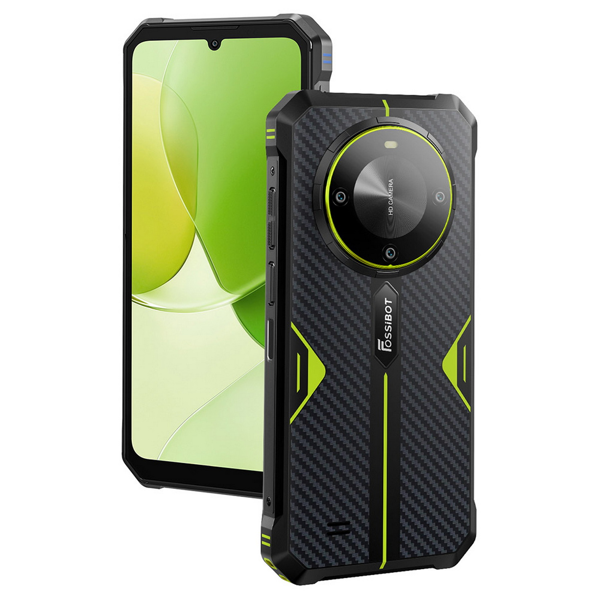 Uno smartphone nero con un modulo fotocamera verde. Uno schermo mostra un display verde e bianco. Il telefono è robusto.