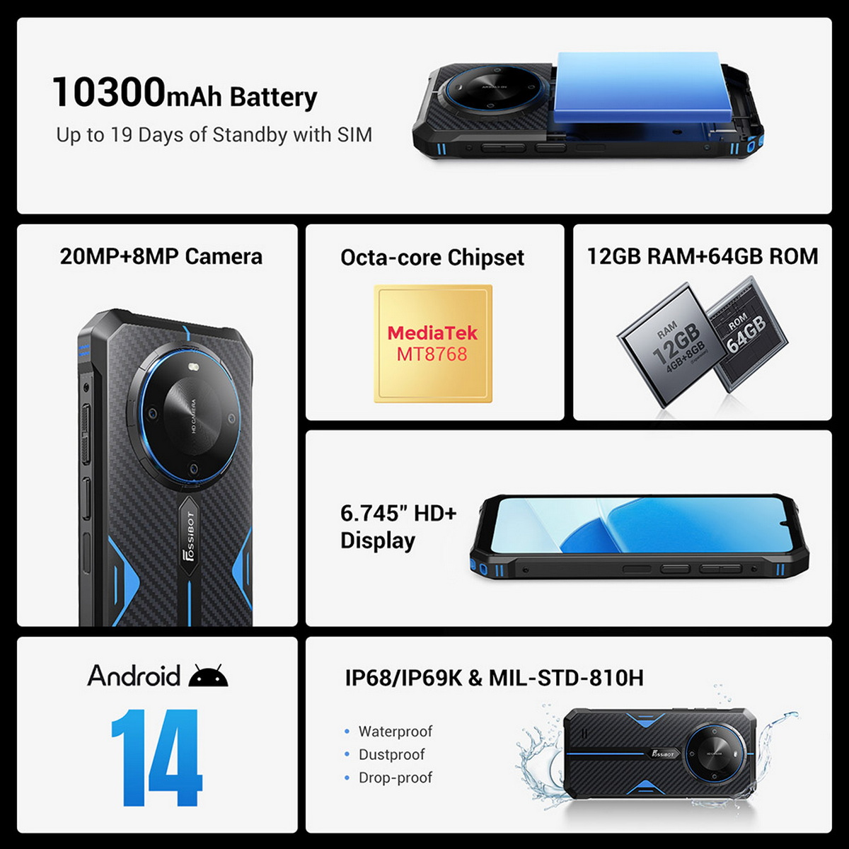Telefono robusto con specifiche: batteria, fotocamera, chipset, RAM, display, Android 14. Sfondo scuro.