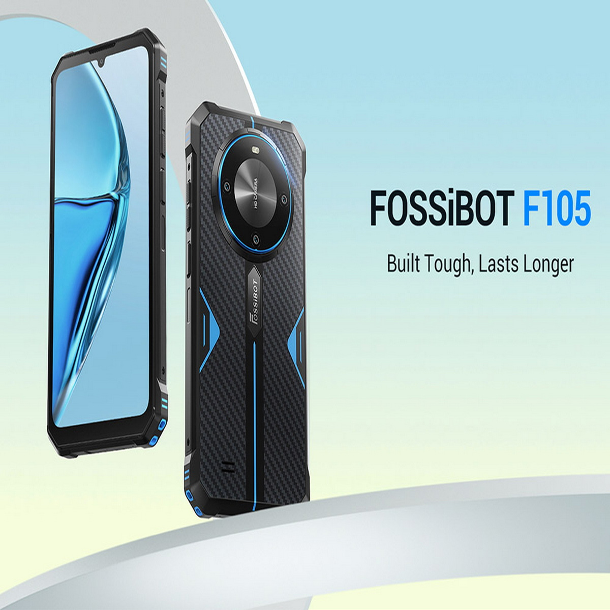 Smartphone FOSSİBOT F105 con design blu e nero. Lo schermo è acceso.