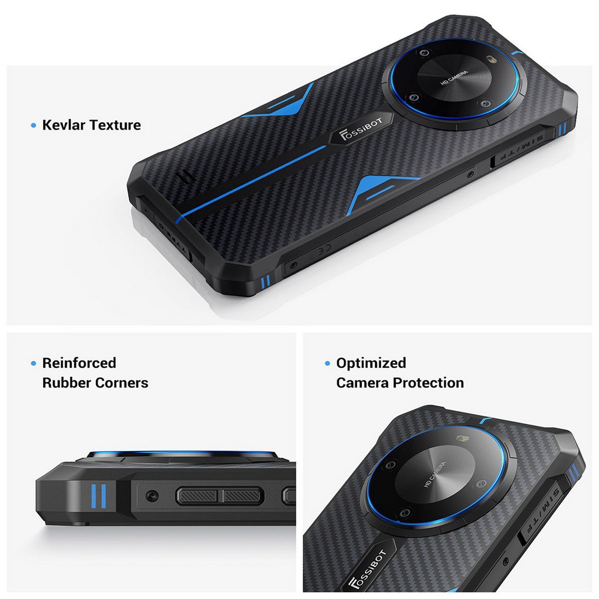 Un telefono nero con dettagli blu. Texture in Kevlar, angoli rinforzati e protezione della fotocamera.