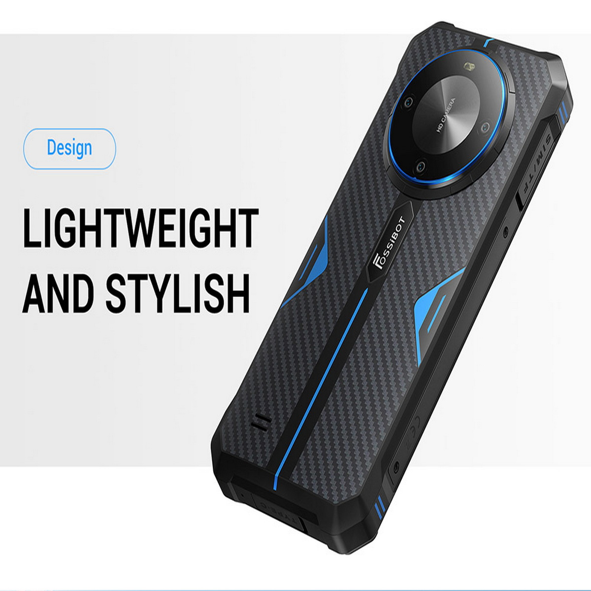 Smartphone nero e blu con retro strutturato. Testo: 'LIGHTWEIGHT AND STYLISH' e 'Design'.