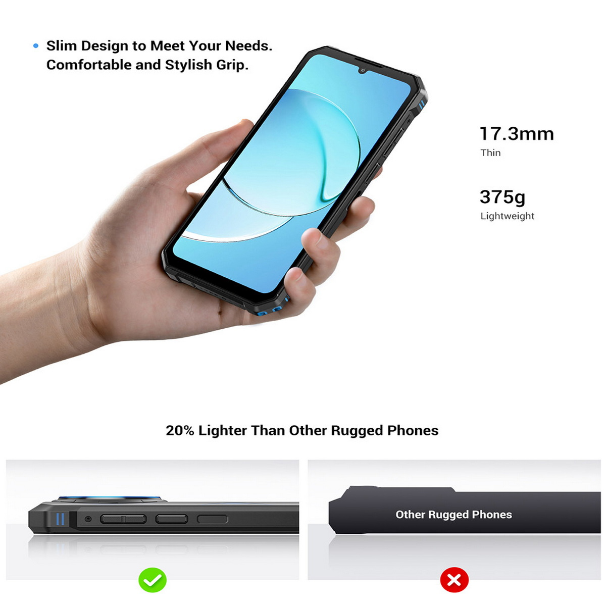 Una mano che tiene un telefono nero robusto. Info: design sottile, 17,3 mm di spessore, 375 g leggero, 20% più leggero di altri.