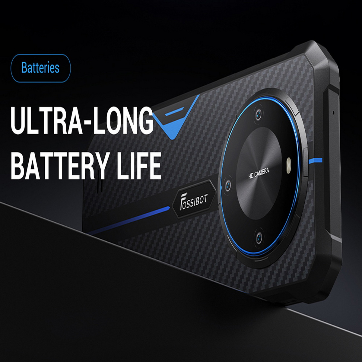 Telefono nero robusto con fotocamera, dettagli blu e testo "ULTRA-LONG BATTERY LIFE" su nero.