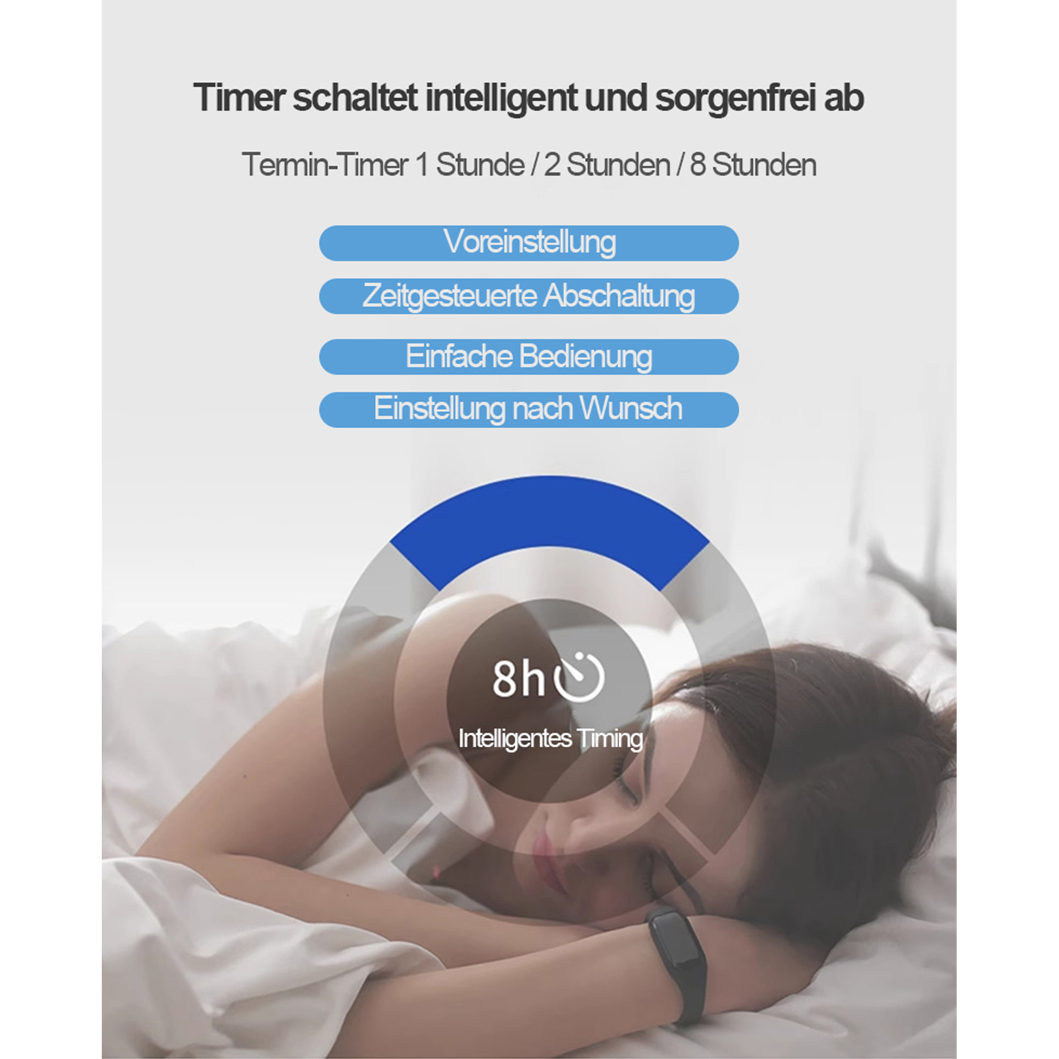 Eine Frau schläft mit einer Smartwatch am Handgelenk. Informationsgrafiken um die Uhr herum.