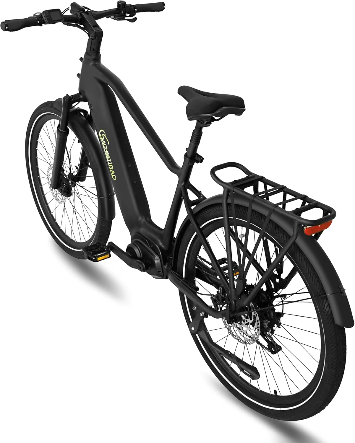 Schwarzes Elektrofahrrad aus einem hohen Winkel, das Rahmen, Räder und Komponenten zeigt.