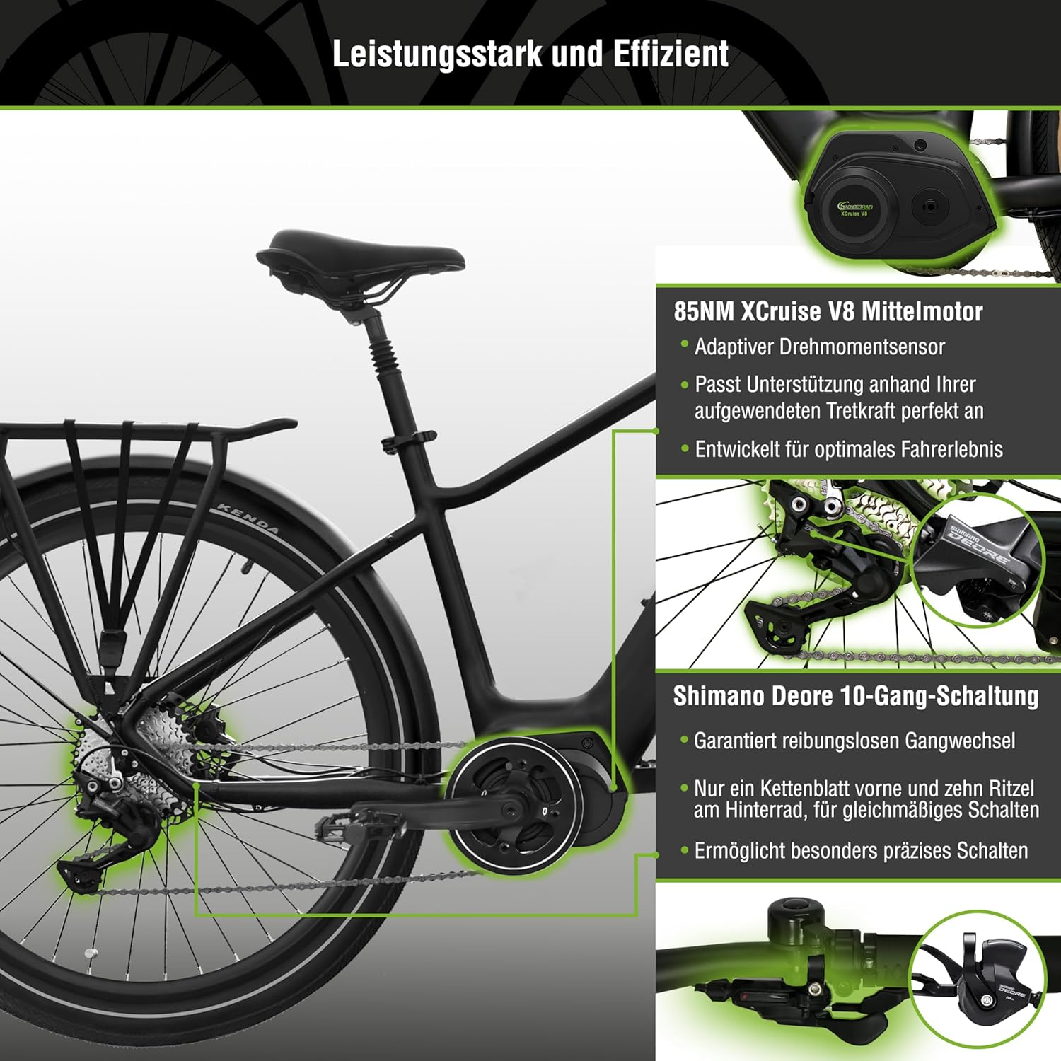 Elektrisches Fahrrad mit Details zu Motor, Gängen und Lenkerbedienelementen.