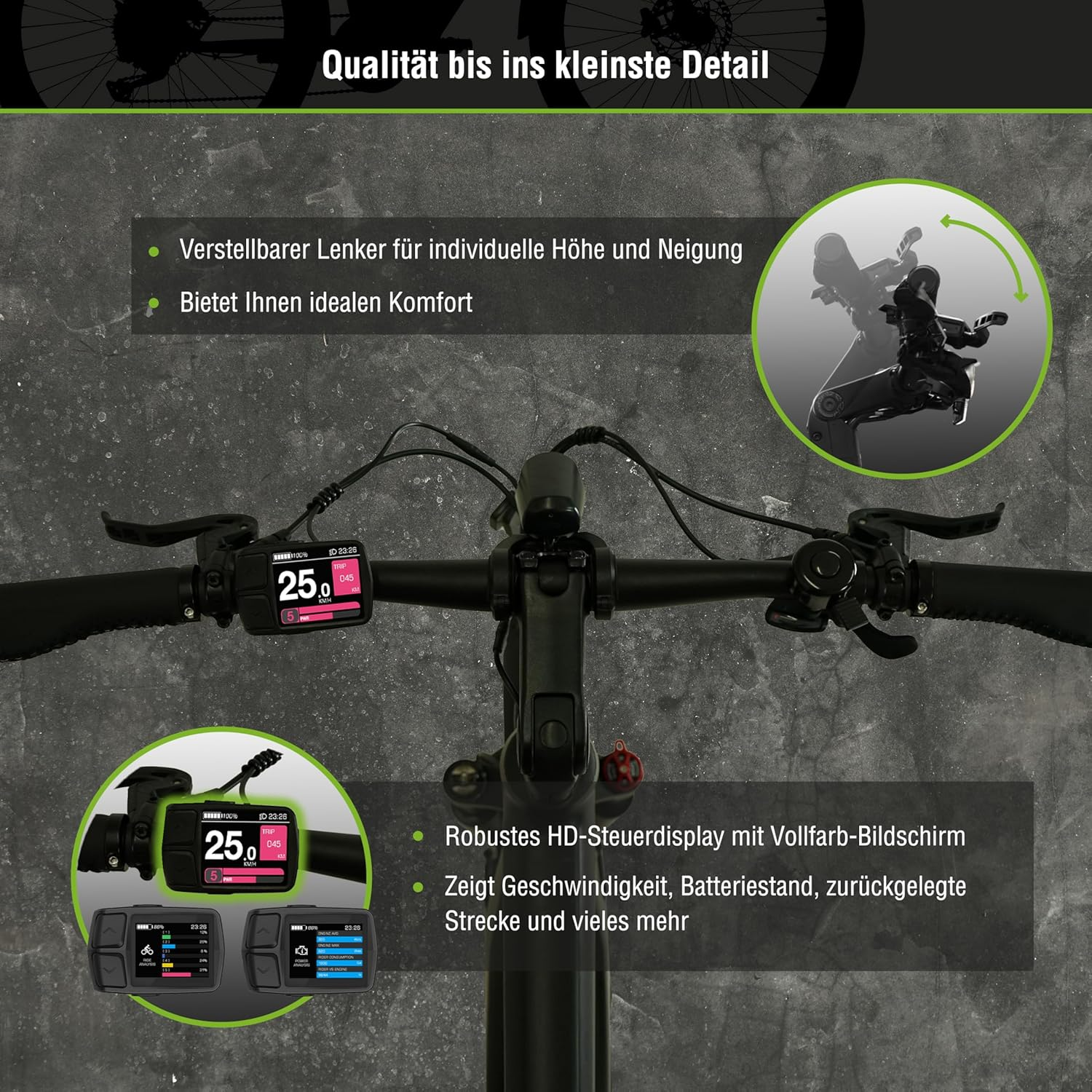 Nahaufnahme des Lenkers und des Bedienfelds eines Rollers. Das Display zeigt Geschwindigkeit und Akkulaufzeit. Details hervorgehoben.