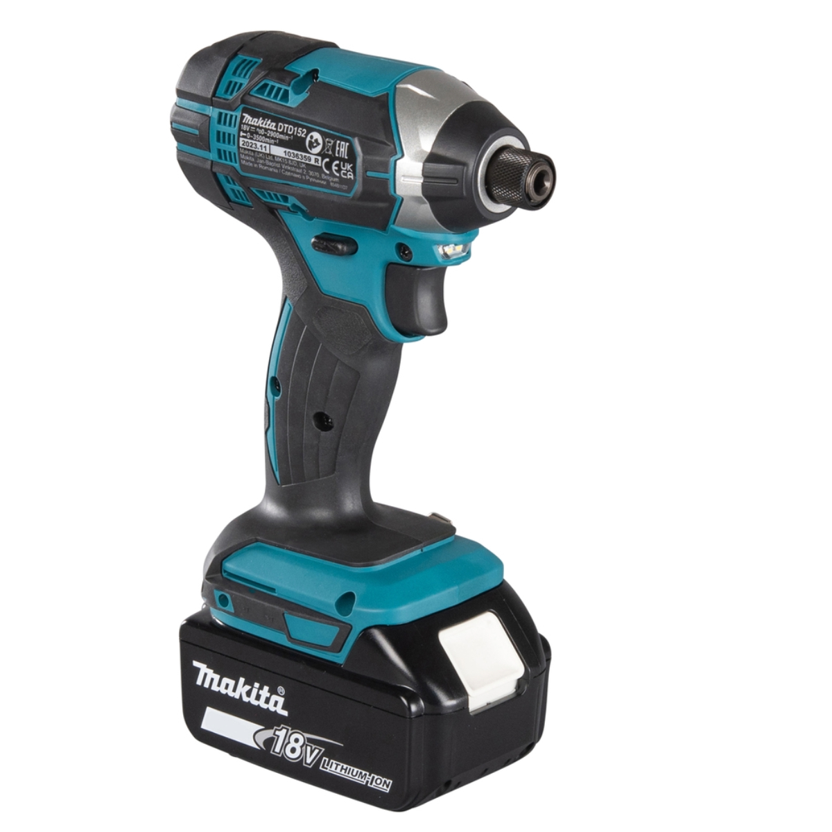 Atornillador de impacto inalámbrico Makita con detalles en negro y verde azulado, sobre fondo blanco.