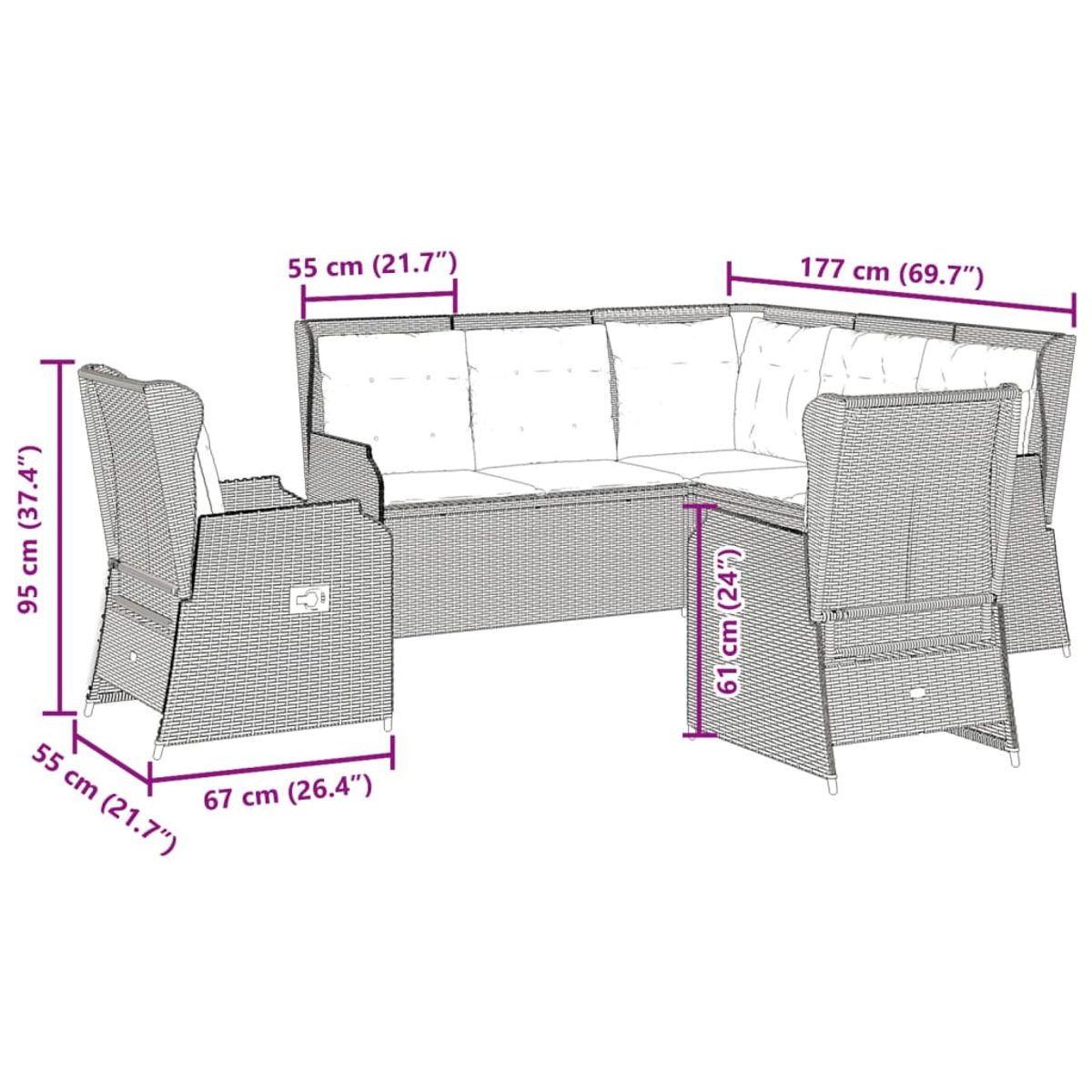 Geflochtenes Outdoor-Möbelset mit Maßen. Beinhaltet ein Sofa und zwei Sessel.