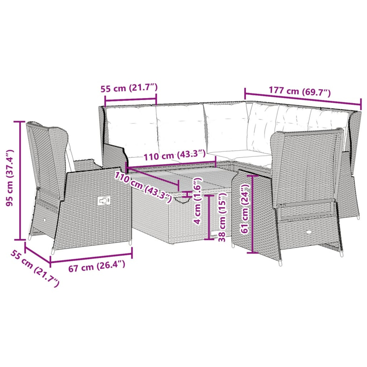 Ein Korbmöbel-Set für den Außenbereich mit Sofa und zwei Stühlen. Abmessungen sind um das Set herum dargestellt.