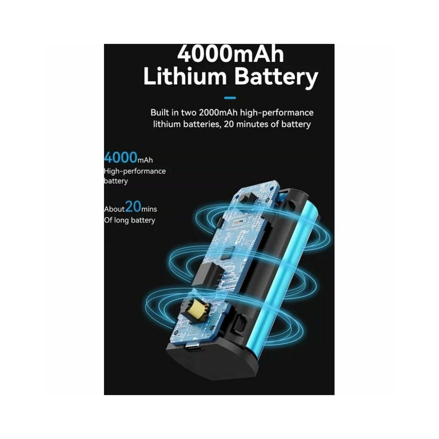 L'immagine mostra una batteria al litio da 4000 mAh con testo che descrive le sue caratteristiche e i suoi vantaggi.